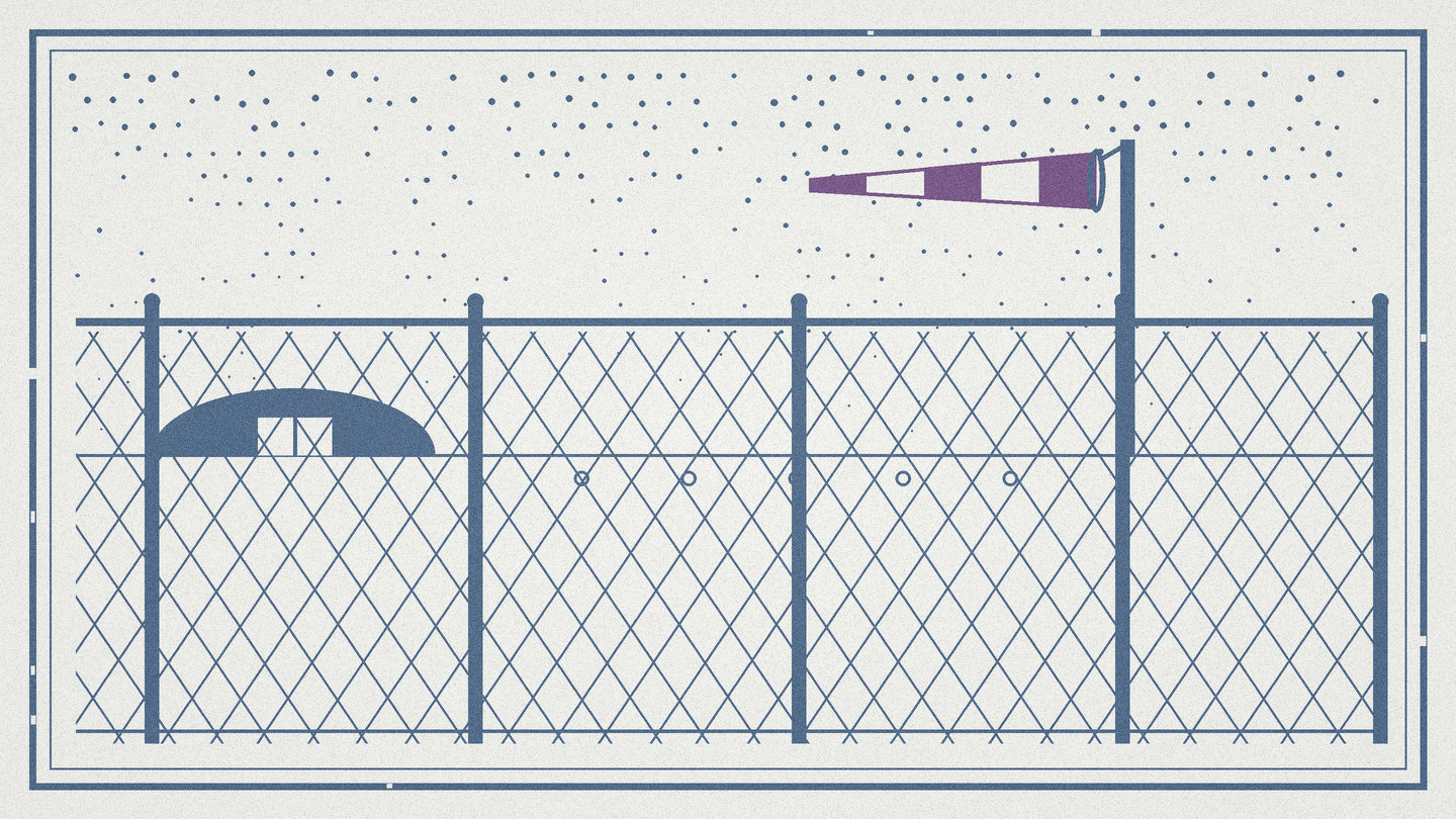 Woodcut style print of a chain link fence and a full windsock over tall grass, in mauve and harbor blue on cream paper