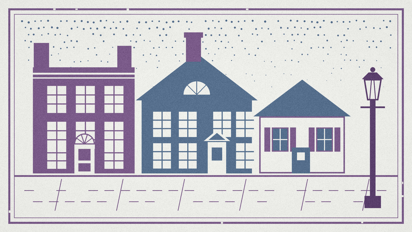 Two color woodcut of colonial house fronts along a brick sidewalk with one glowing street lamp
