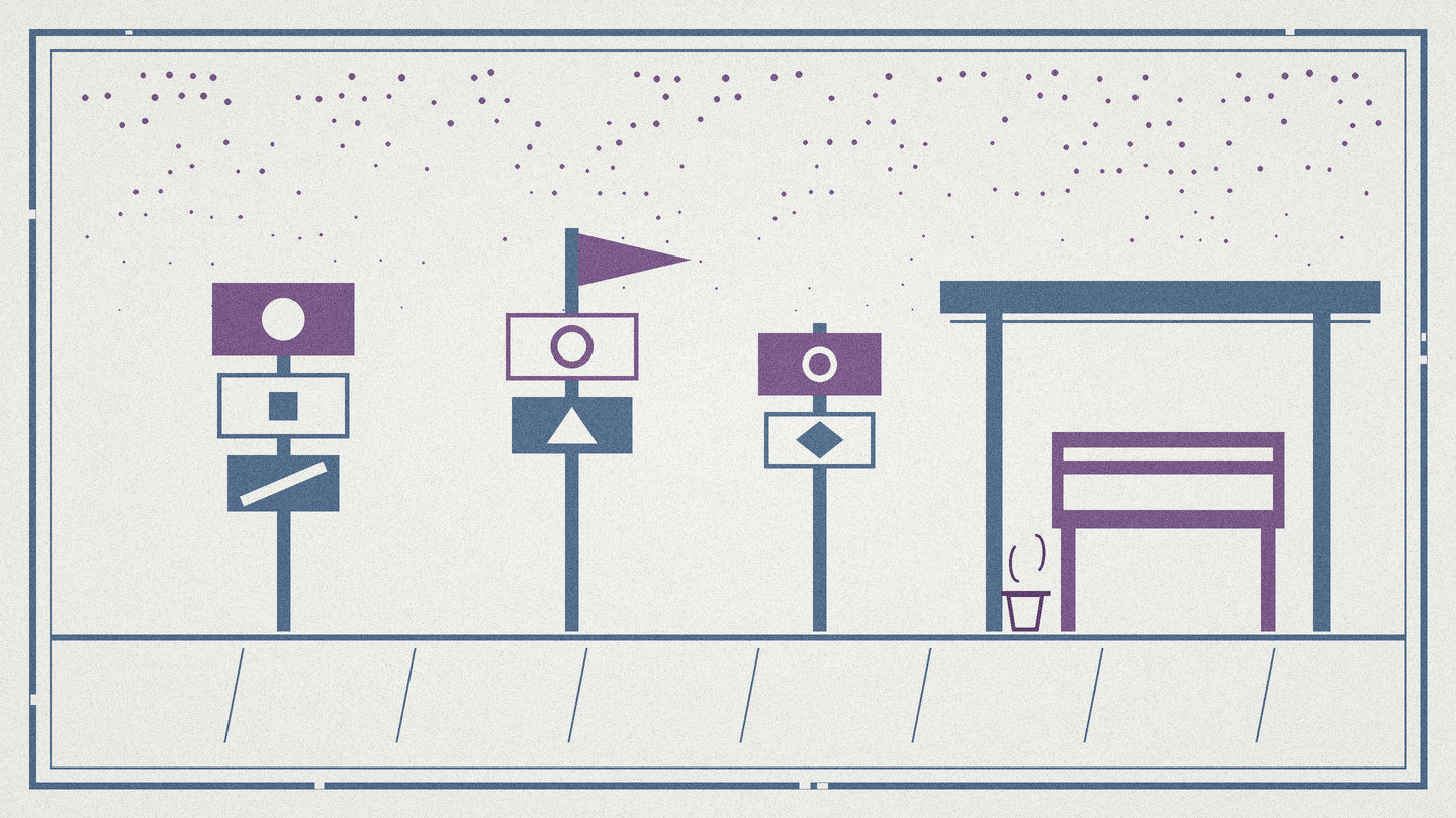 Woodcut style print of bus route signs and an empty bench on a morning plaza, in mauve and harbor blue on cream paper