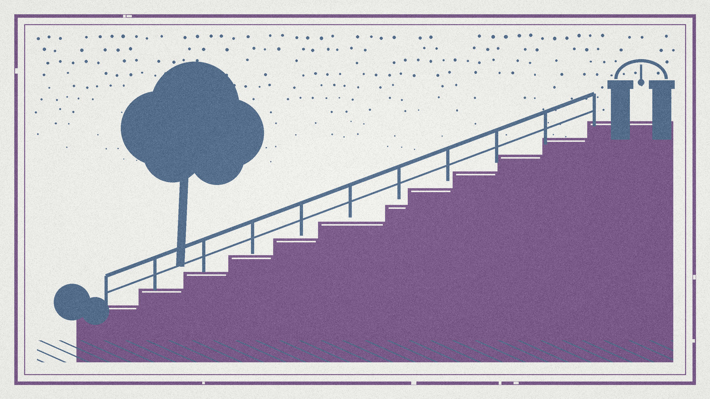 Two color woodcut of a steep public stairway climbing between houses toward a hilltop railing