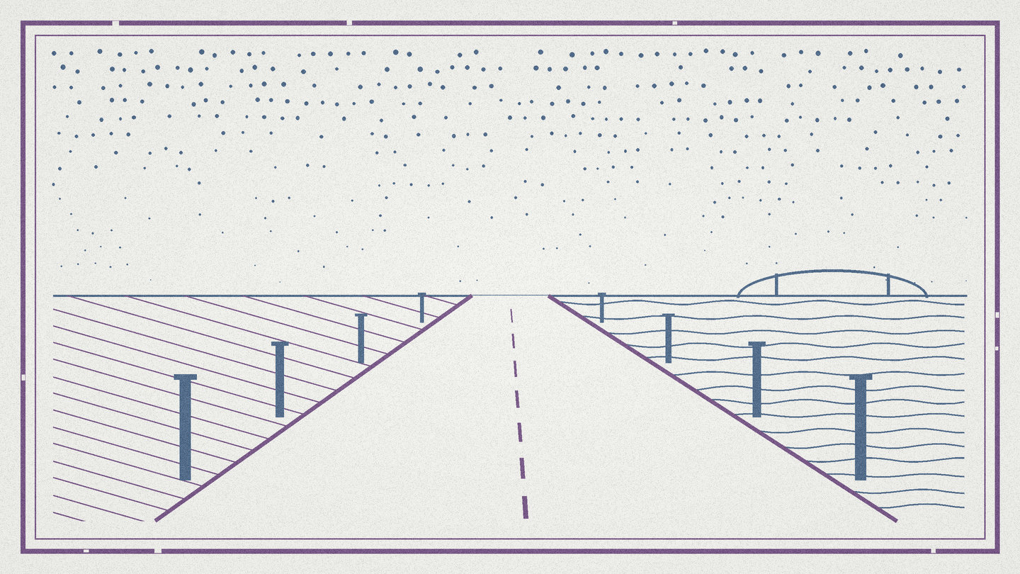 Two color woodcut of a straight shoreline path with paired wooden posts, a low plank bridge, and open water beyond