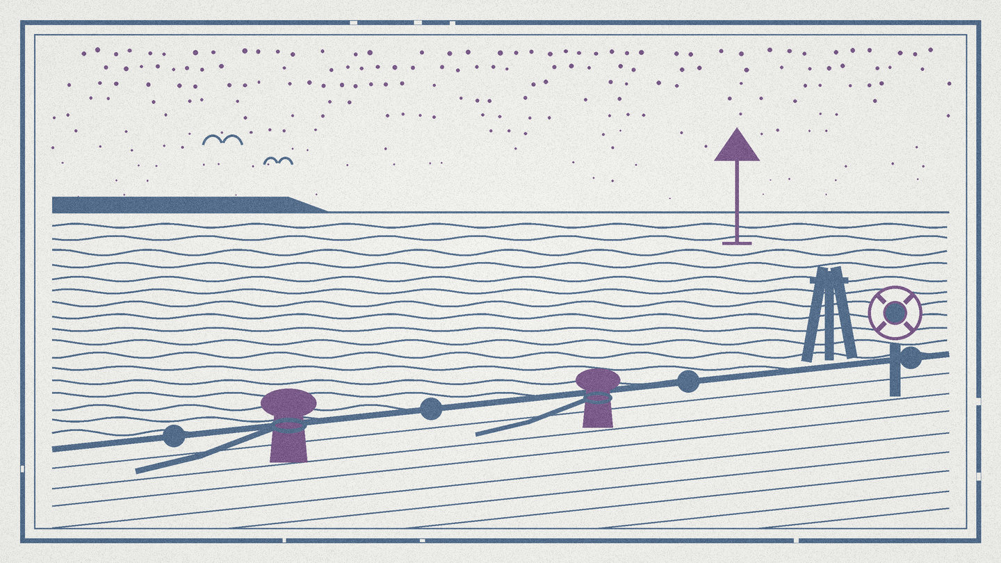 Two color woodcut of a ferry pier with squat iron bollards, coiled line on the apron, and gulls overhead