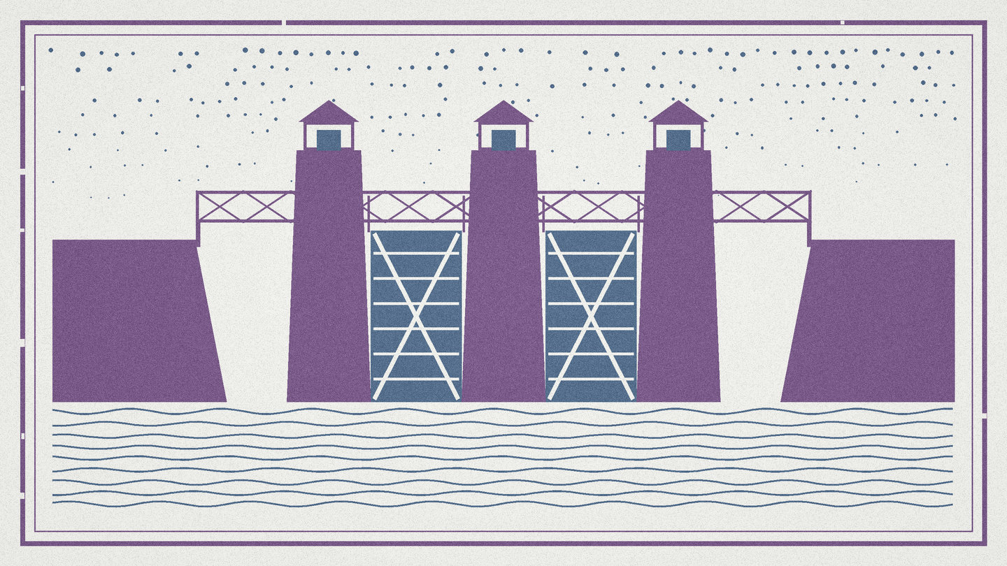 Two color woodcut of massive hurricane barrier gates flanked by concrete wings under a windy sky