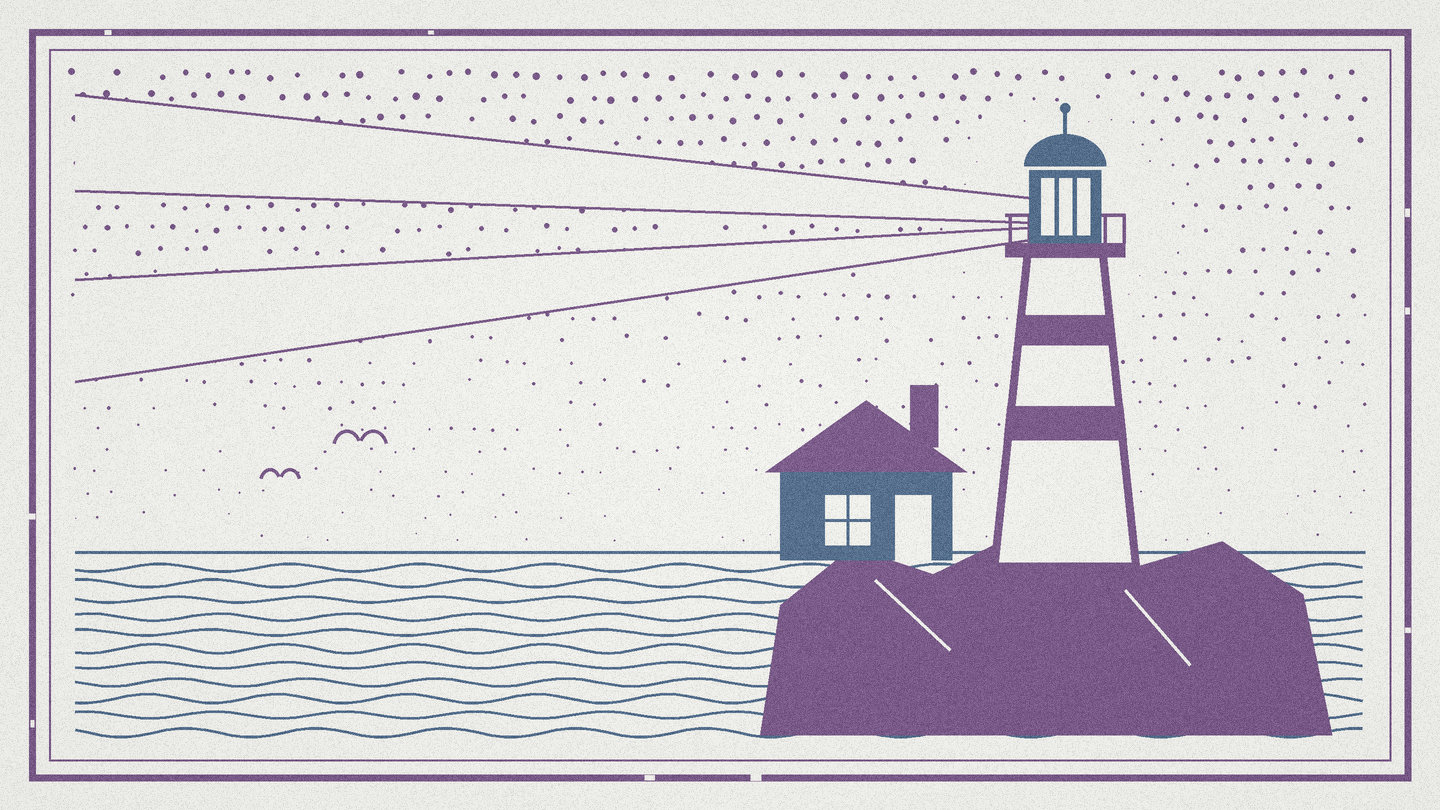 Two color woodcut of a small white lighthouse offshore beyond dark stacked rocks and a curling line of surf