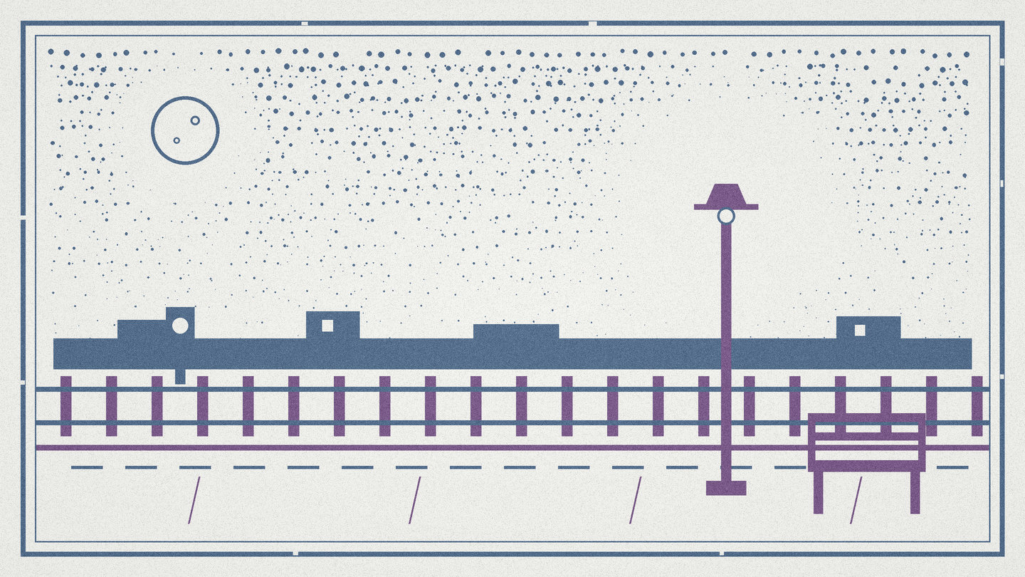Woodcut style print of a single platform lamp glowing at dusk with rails fading into the dark, in mauve and harbor blue