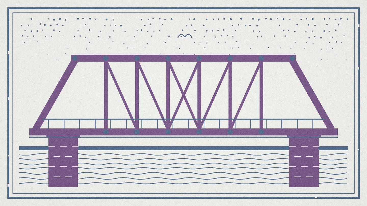 Woodcut style print of crossed steel truss panels above a bridge walkway and a wide river, in mauve and harbor blue