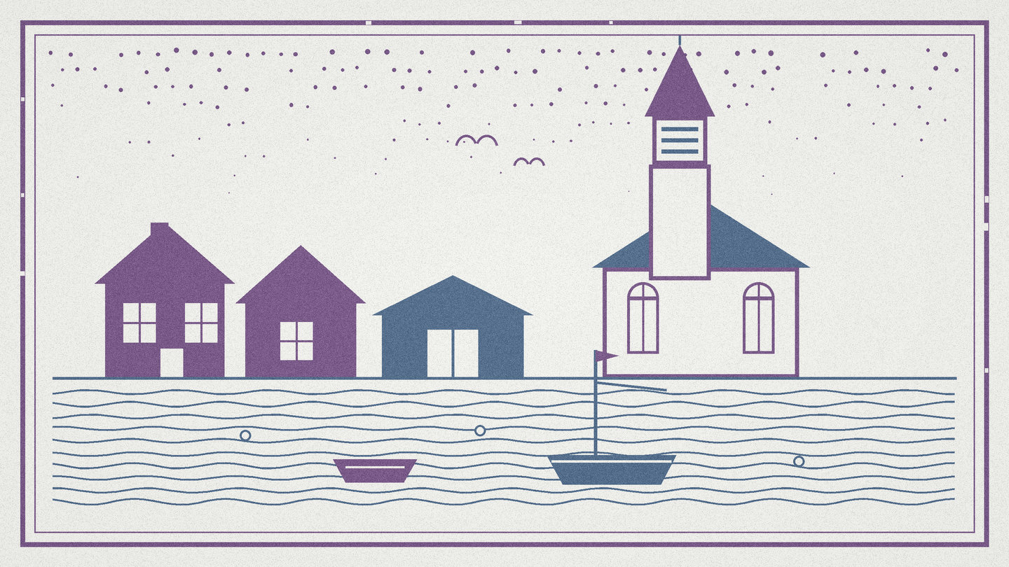 Two color woodcut of a village harbor with moored skiffs, clapboard houses, and a white spire